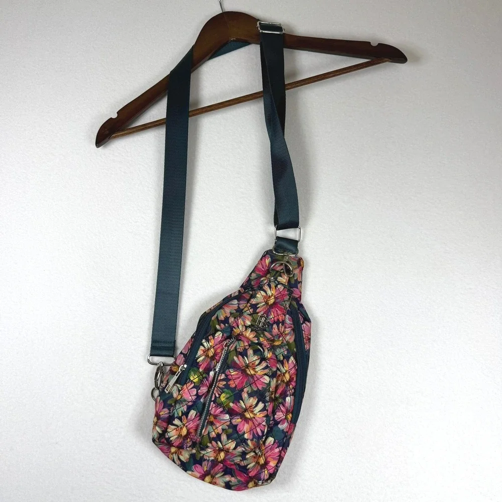 Bella Taylor Floral Quilted Sling Bag Crossbody Backpack Navy Pink Daisy